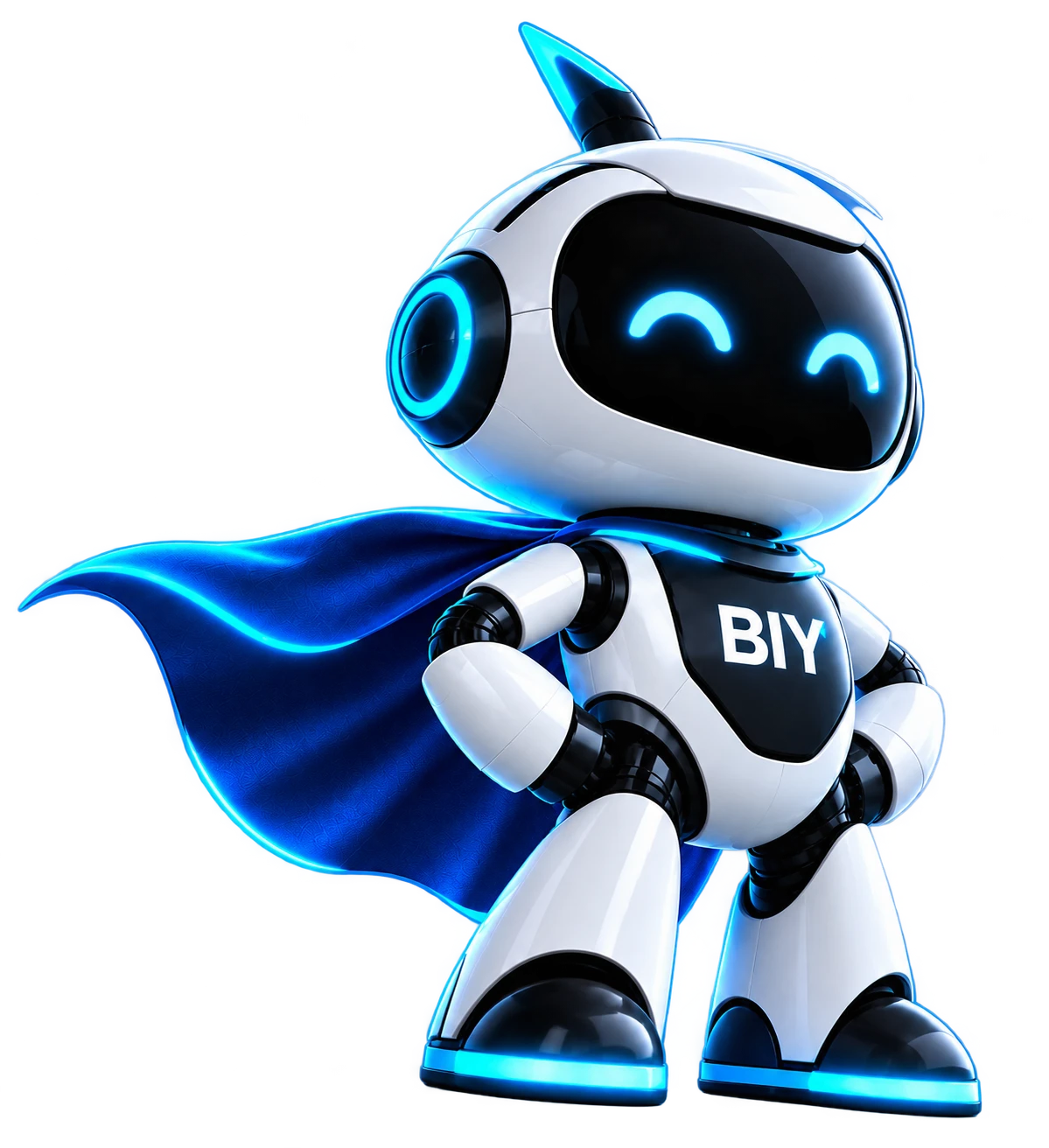 Beacon, the BIY mascot, standing with a blue cape