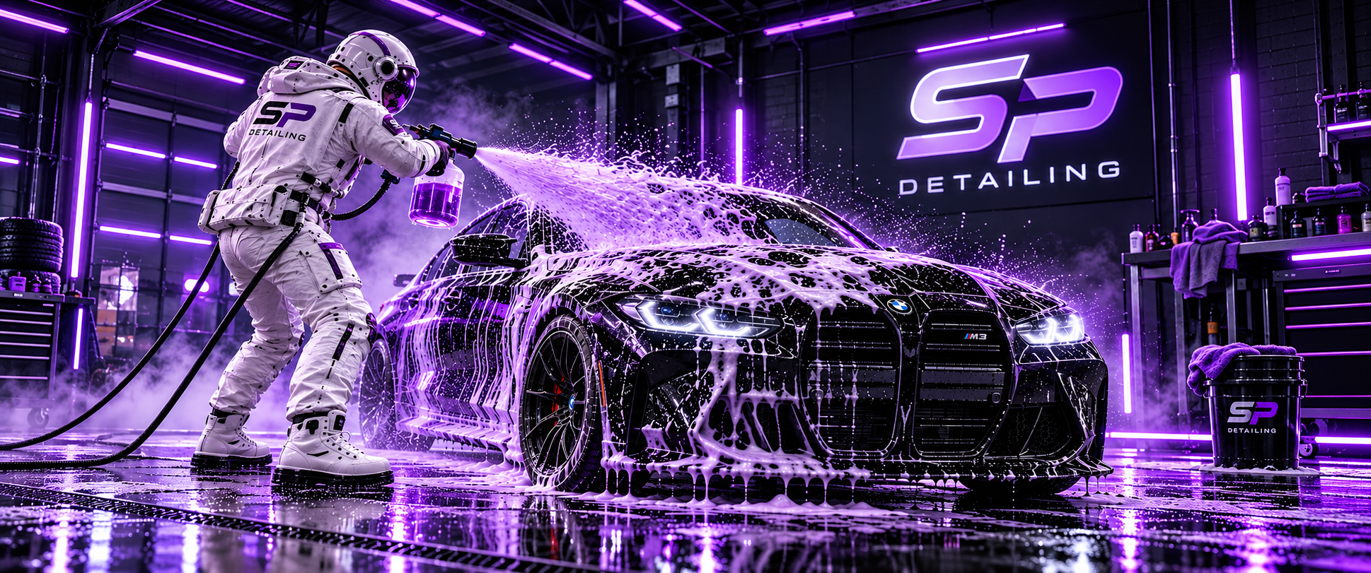 SP Detailing astronaut spraying a black BMW