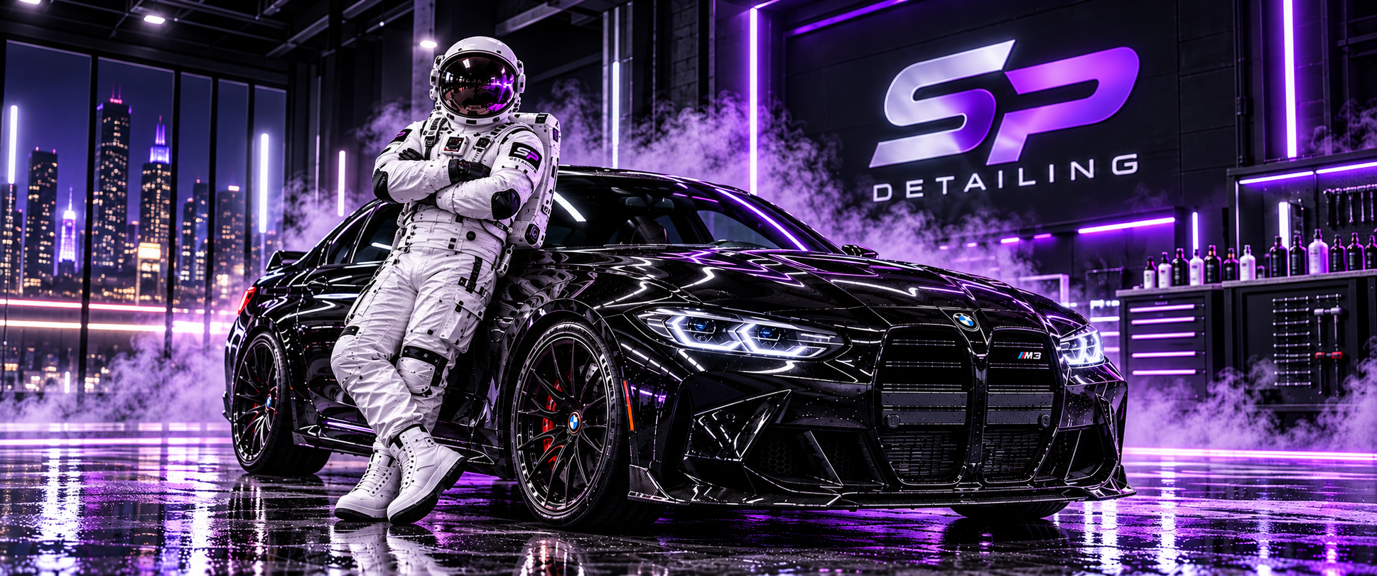 SP Detailing astronaut beside a black BMW