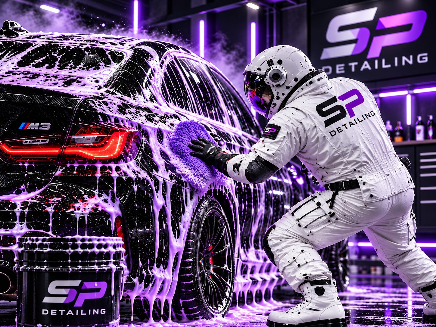 SP detailer cleaning a black performance car in the studio