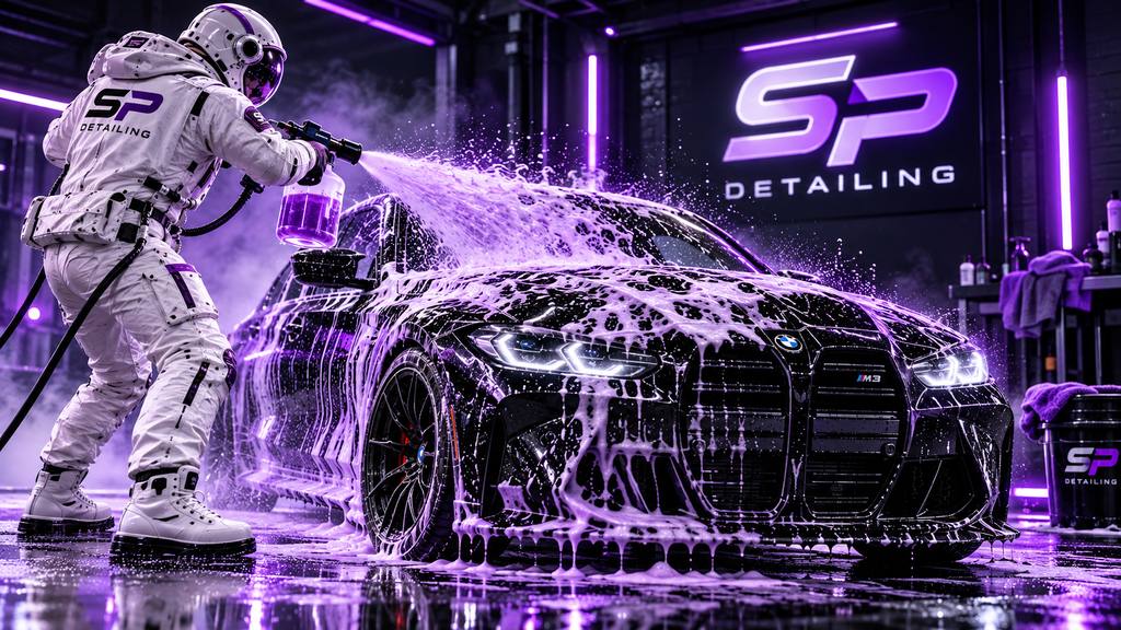Black BMW covered in detailing foam