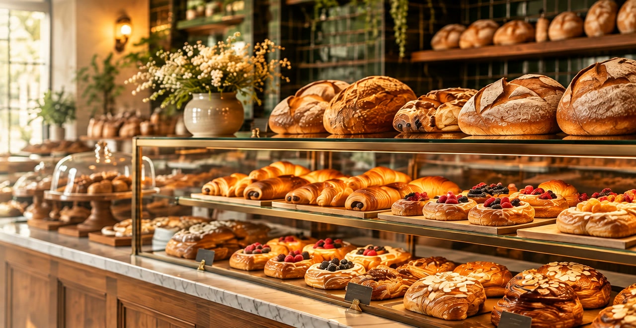 Artisan bakery display filled with breads and pastries