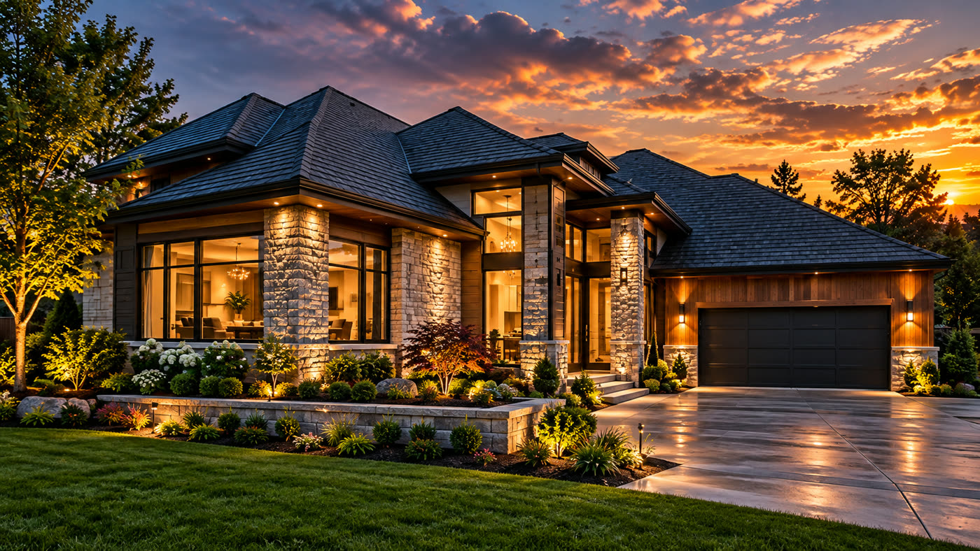 Finished home with a new roof glowing at dusk