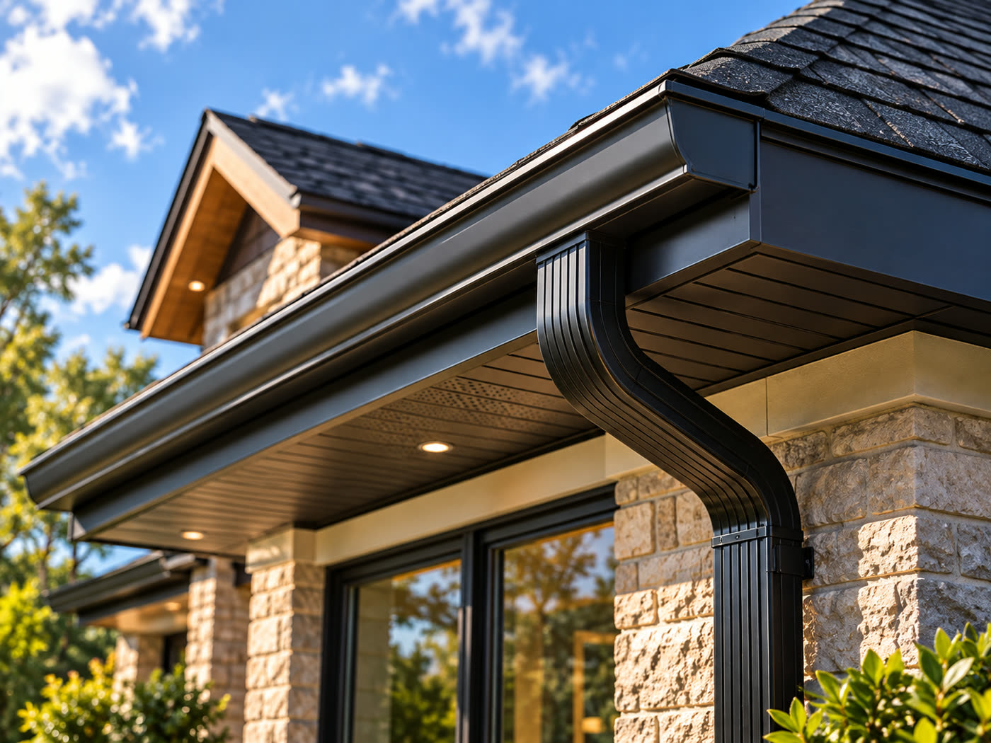 Black gutter and downspout on a stone home