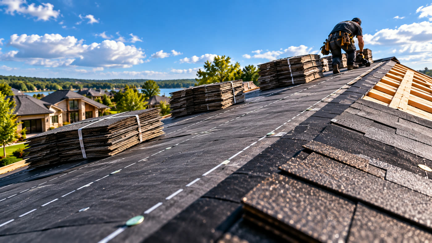 Roofer laying underlayment and shingles on a new roof