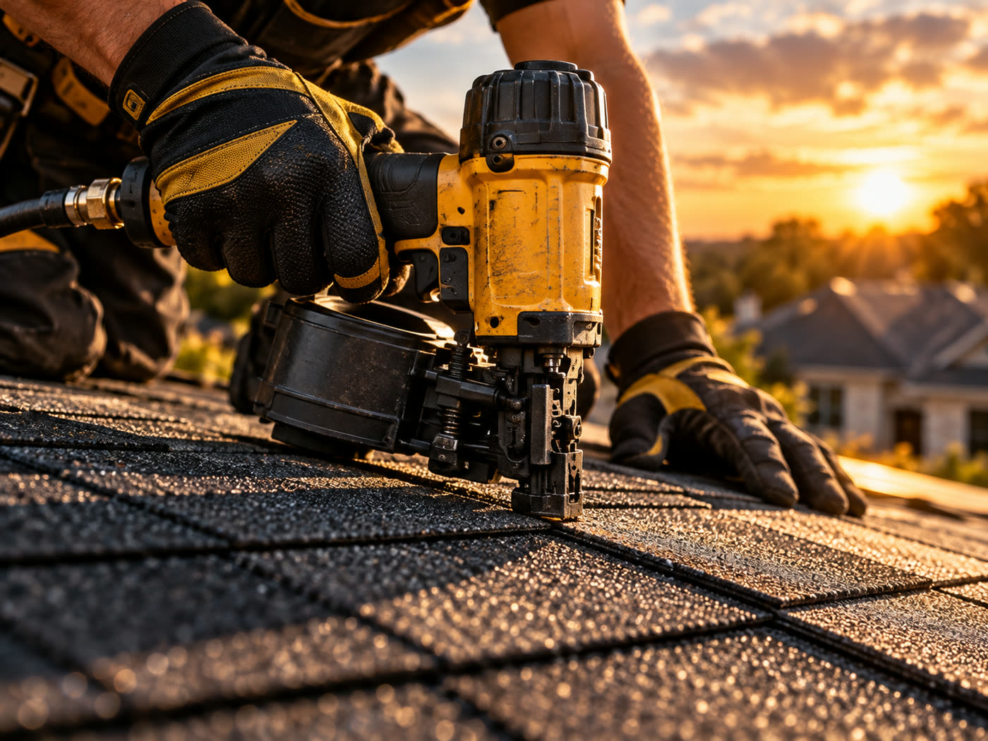 Roofer using a nail gun on architectural shingles at sunset