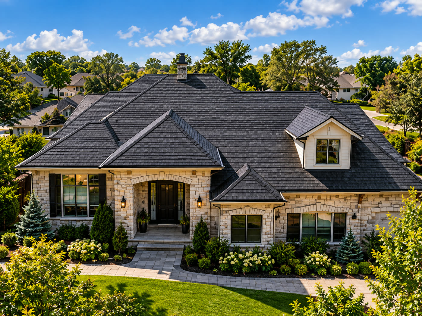 The same roof after replacement with new charcoal shingles