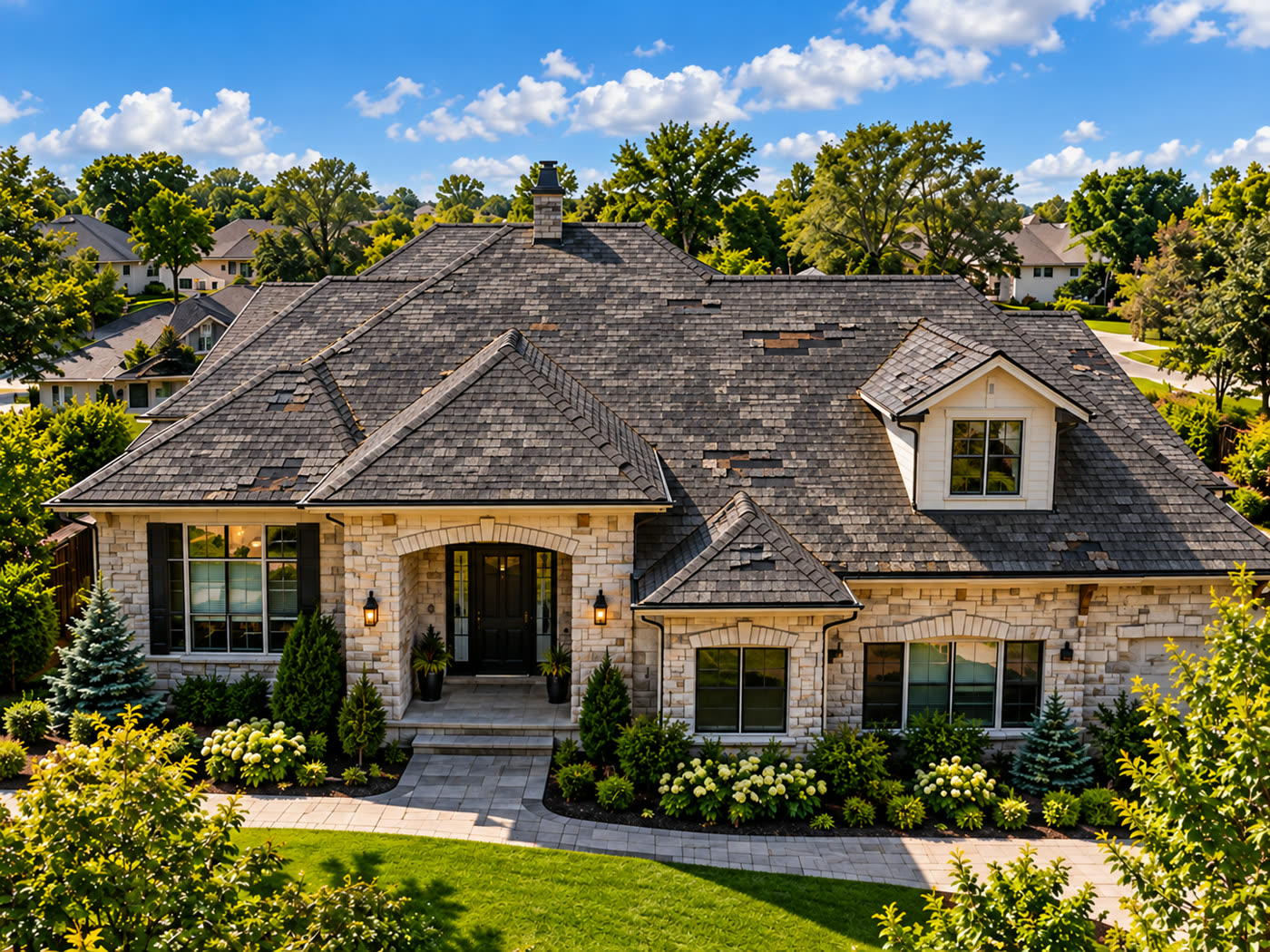 The roof before replacement, with worn and patched shingles