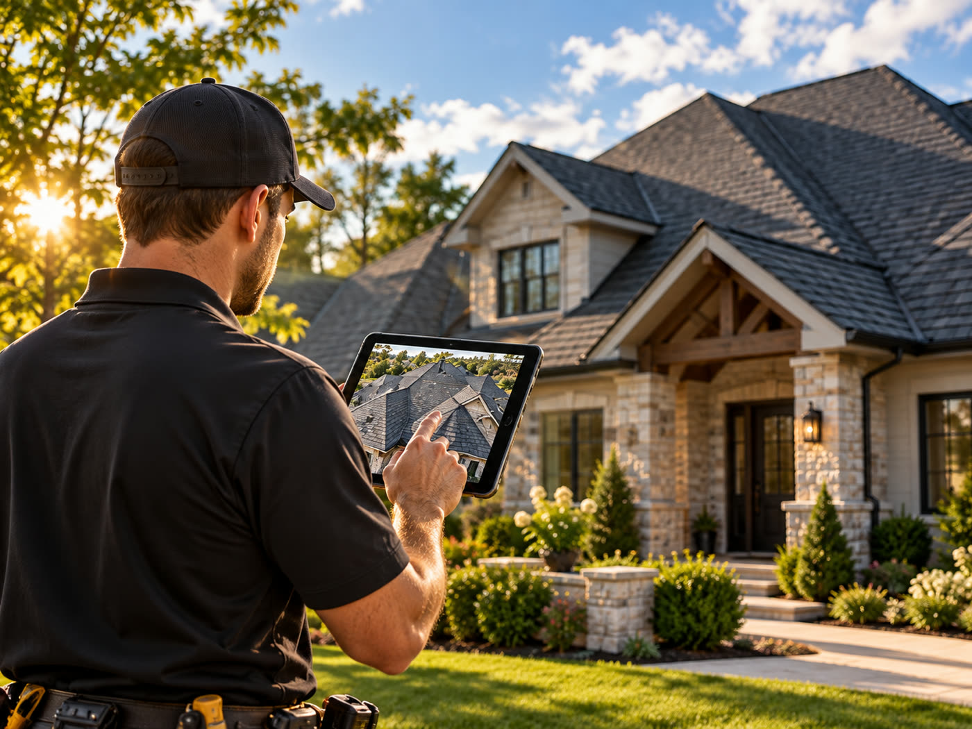 Inspector reviewing a home's roof on a tablet