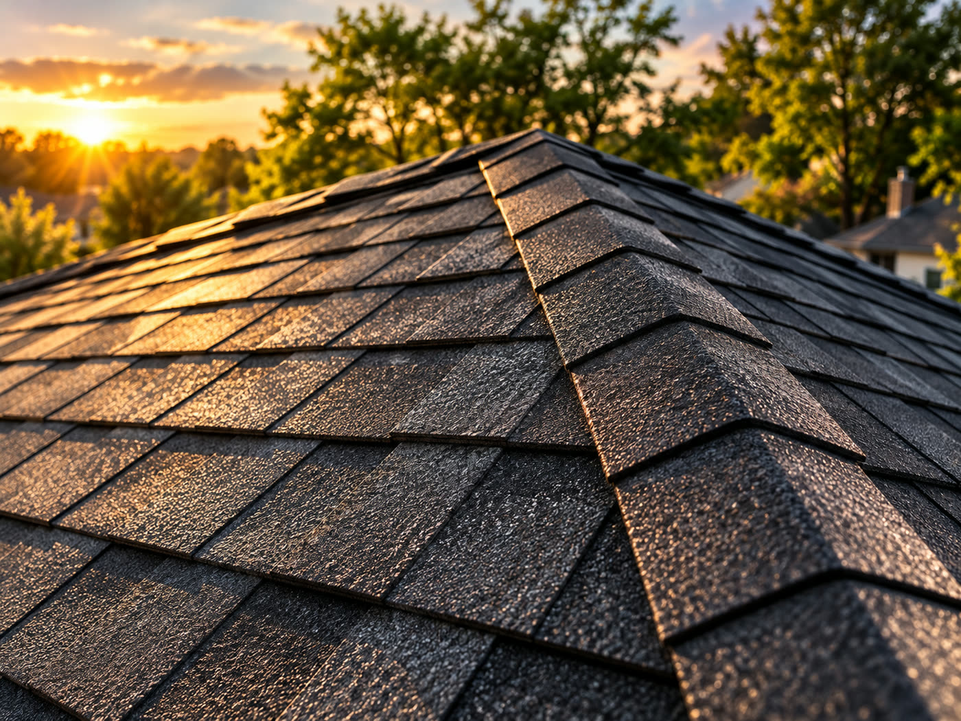 Close view of a finished ridge cap at sunset