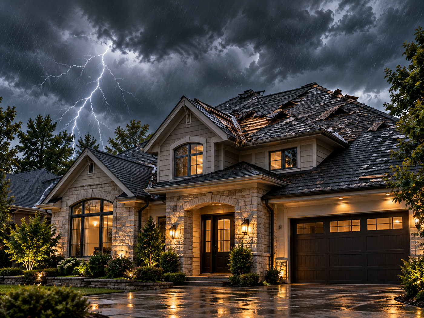 Home with storm damage to the roof under a lightning sky