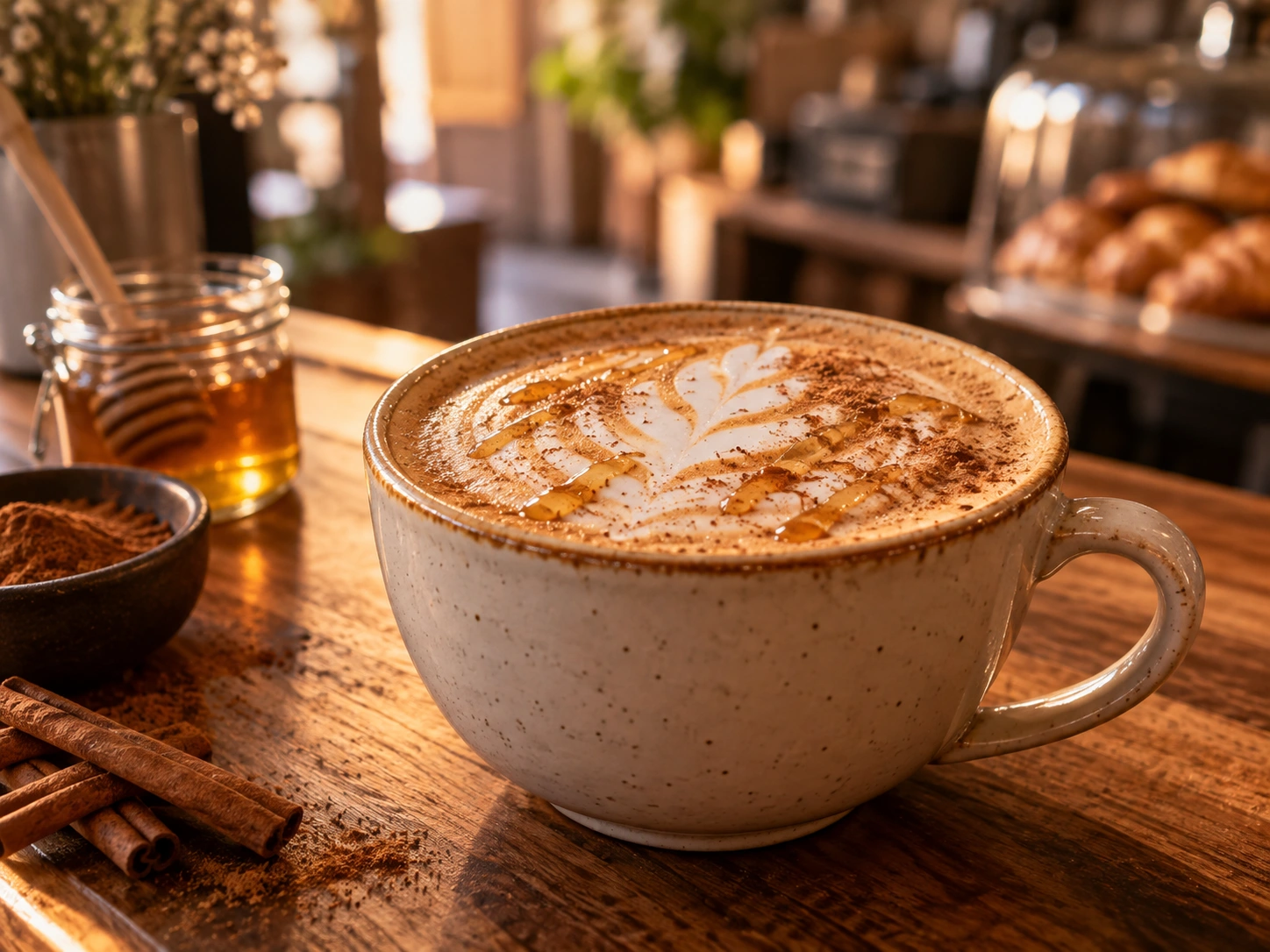 Honey cinnamon latte with foam art, honey drizzle, and cinnamon
