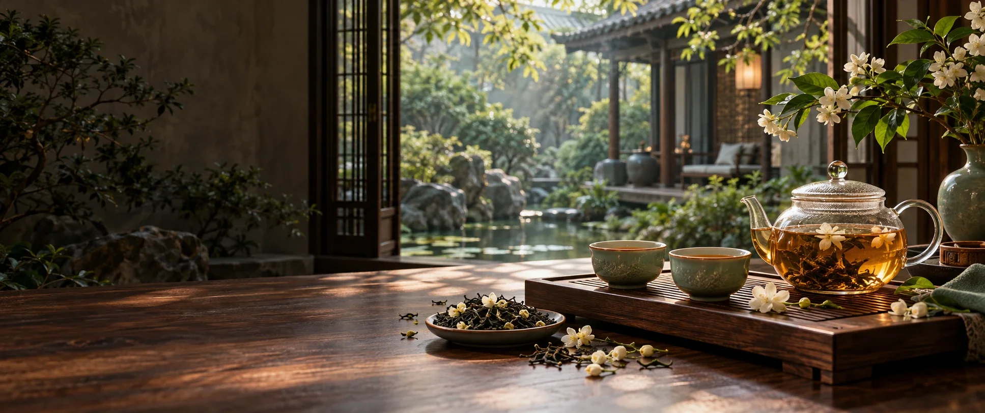 A glass teapot of jasmine tea and two jade cups on a wooden tray beside a tea garden