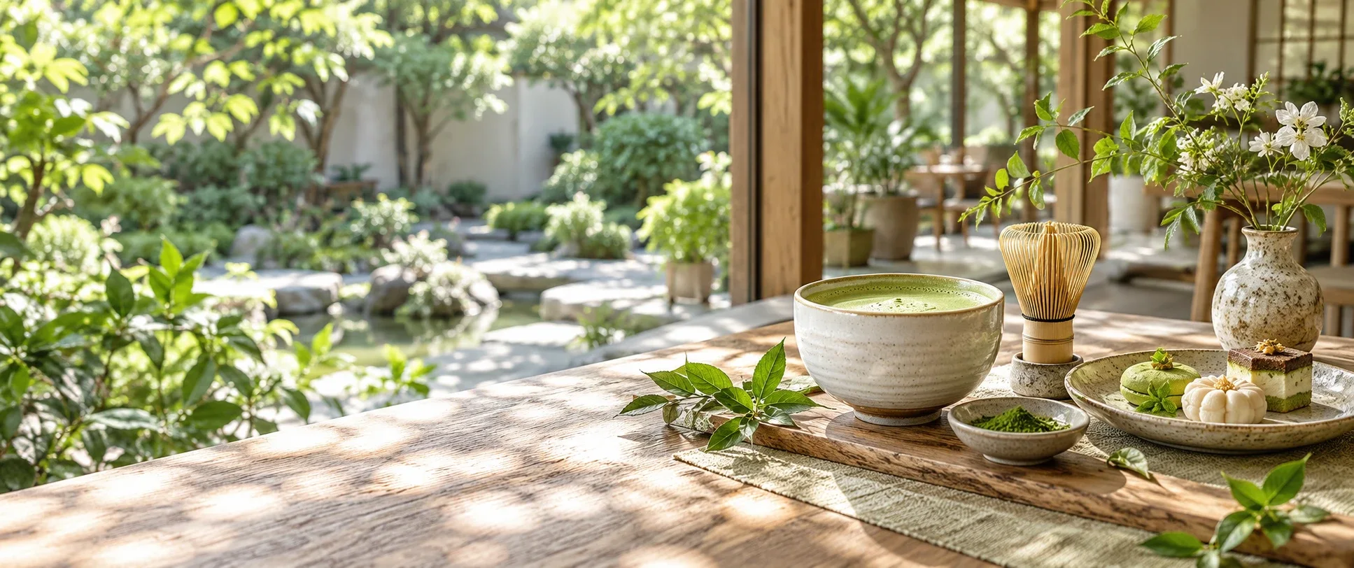 A bowl of whisked matcha with a bamboo whisk and sweets in a sunlit tea garden