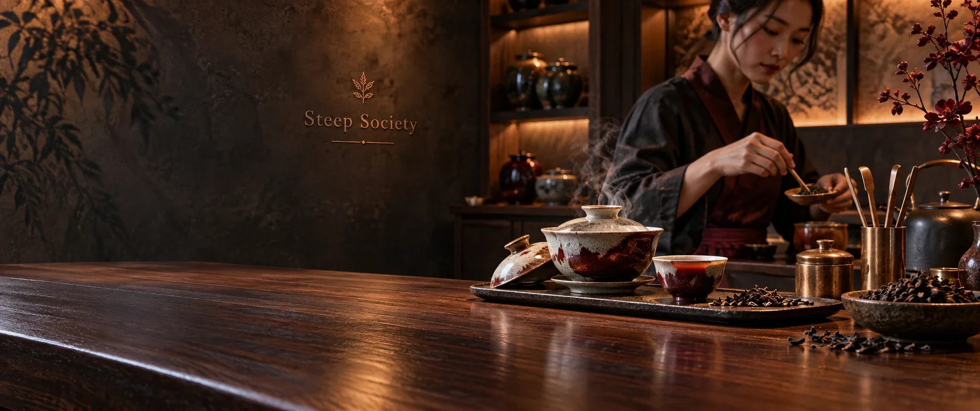 A tea master prepares a gaiwan of aged tea at a dark wooden counter beneath the Steep Society sign