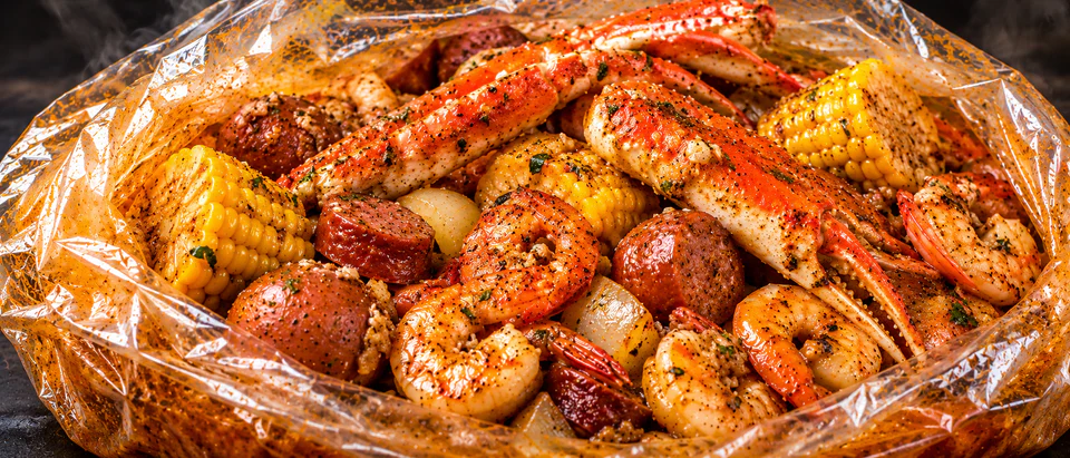 Seafood boil bag with snow crab legs, shrimp, sausage, and corn in Cajun butter