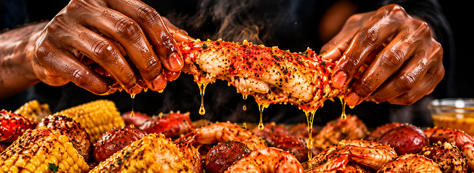Hands pulling apart a Cajun-seasoned crab leg dripping with garlic butter over a seafood boil