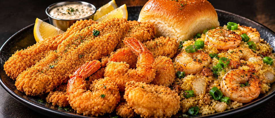 Fried catfish and fried shrimp platter with shrimp fried rice, a roll, and lemon