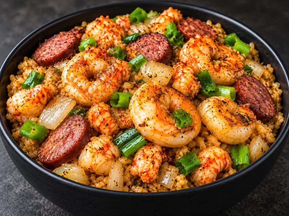 Cajun shrimp and sausage fried rice with green onions in a black bowl